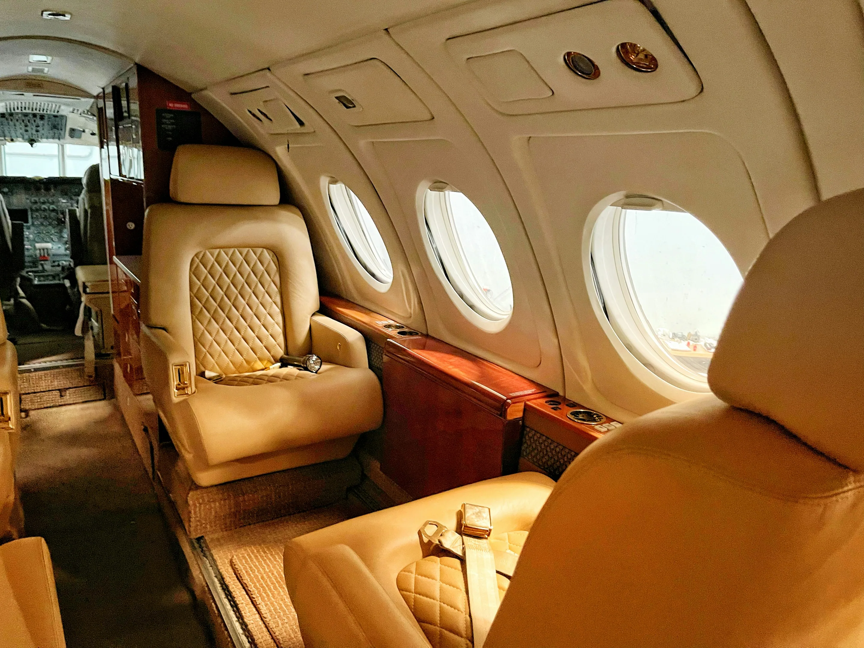 Leather seats in a private jet cabin